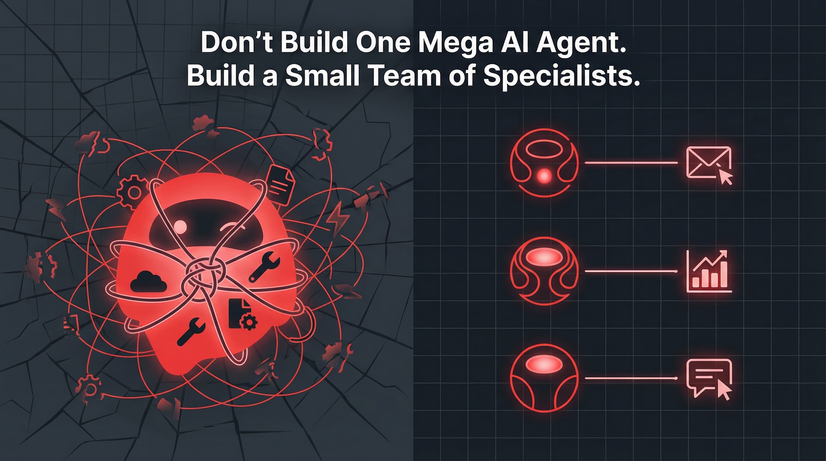 Cover image for 'Don’t Build One Mega AI Agent. Build a Small Team of Specialists.'