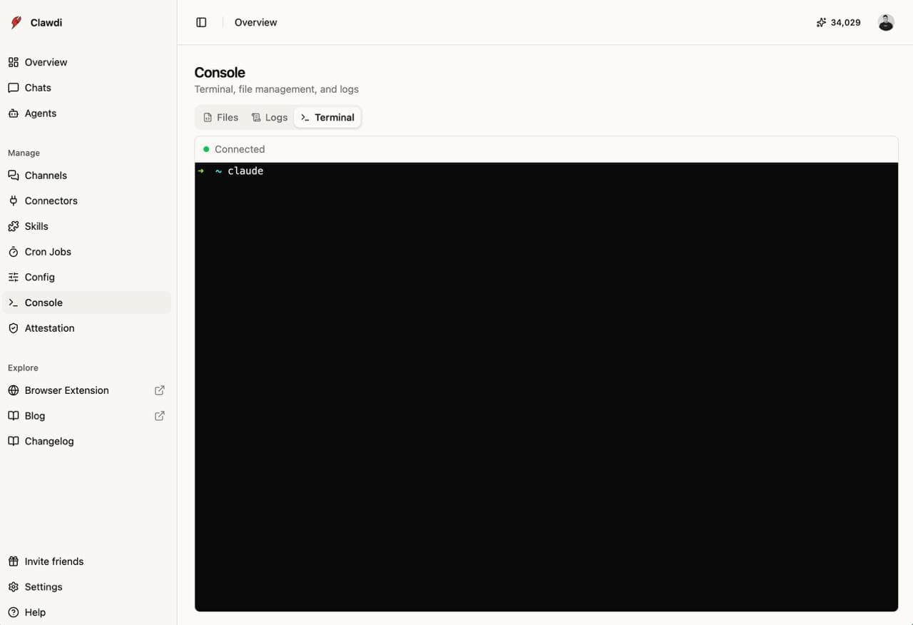 Clawdi Control UI – terminal, files, logs